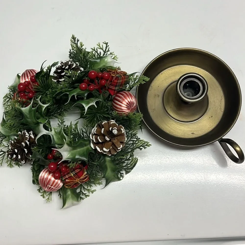 Metal Vintage Candlestick Holder Glass Etched Votive with Christmas Floral Ring